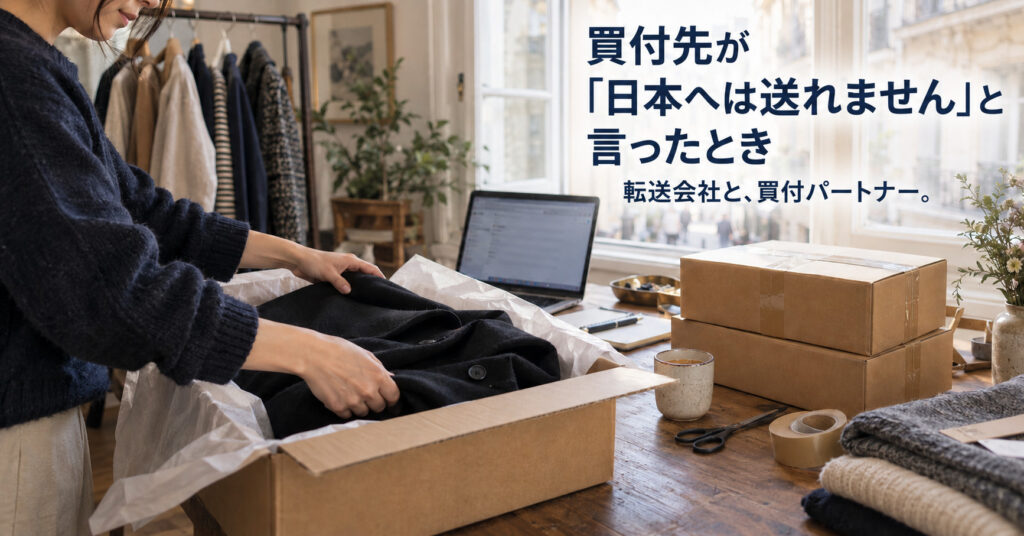 海外の室内で黒いコートを発送用の箱に詰める様子。右上に「買付先が『日本へは送れません』と言ったとき」、小さく「転送会社と、買付パートナー。」と記載。