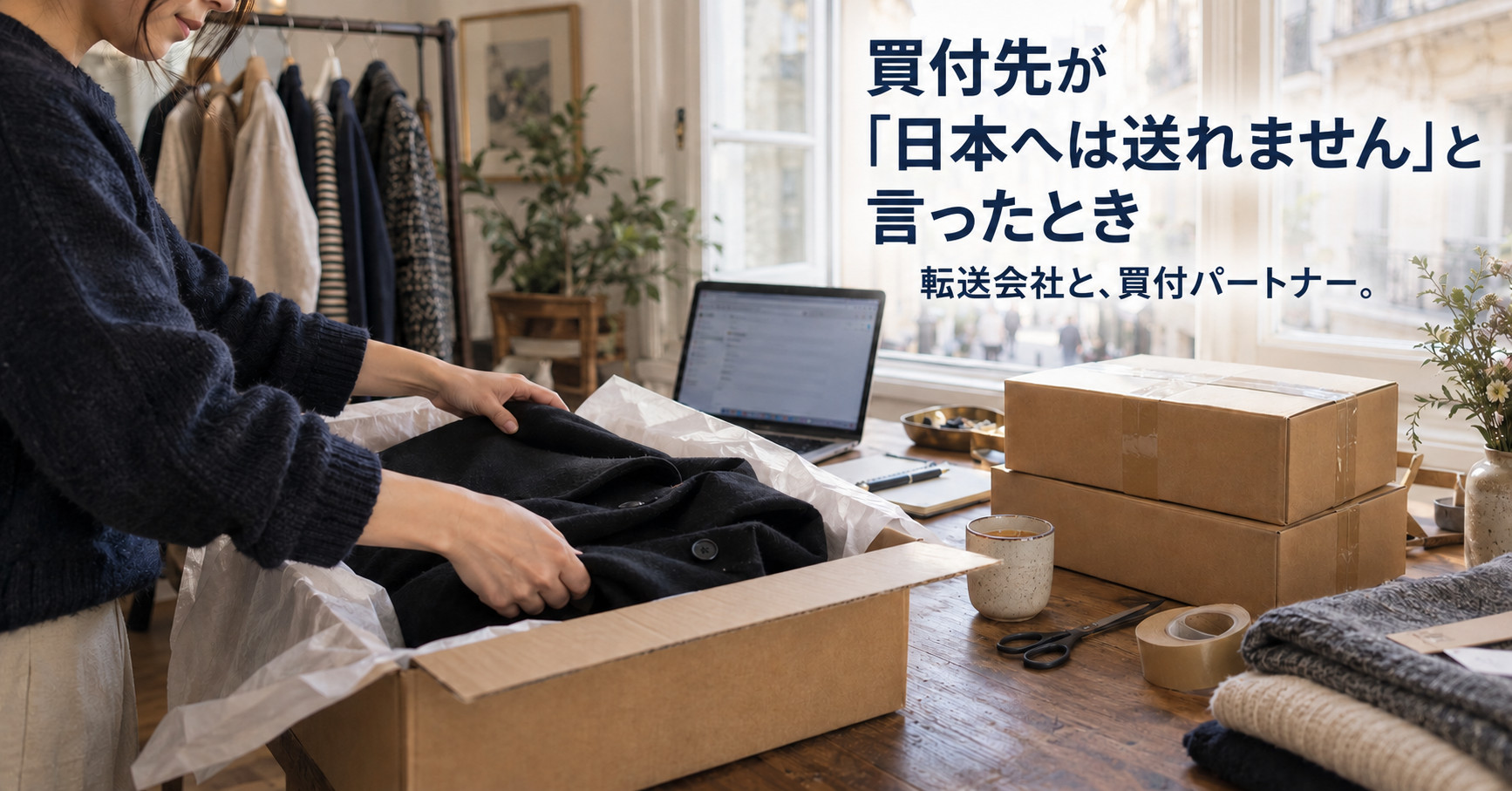 海外の室内で黒いコートを発送用の箱に詰める様子。右上に「買付先が『日本へは送れません』と言ったとき」、小さく「転送会社と、買付パートナー。」と記載。